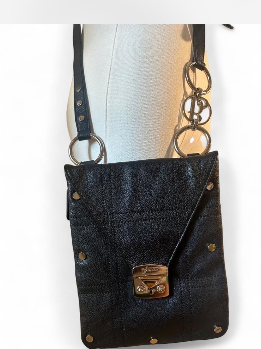 Bolzano Black Soft Leather Crossbody Bag Silver Hardware Studded Y2K - Picture 3 of 14